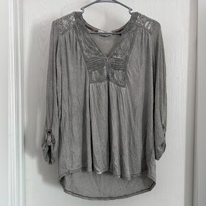 Knox Rose | Gray Women's Blouse with Lace Accents | Size Medium